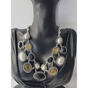 H&H Statement Necklace Silver Tone Multi Stone Bib Pearl Black Yellow Collar
